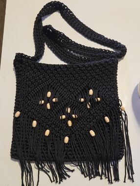 Black Macramé Crossbody Bag with Wooden Bead Fringe